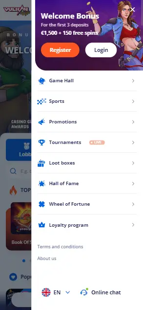 Vulkan Vegas Casino Secondary Menu