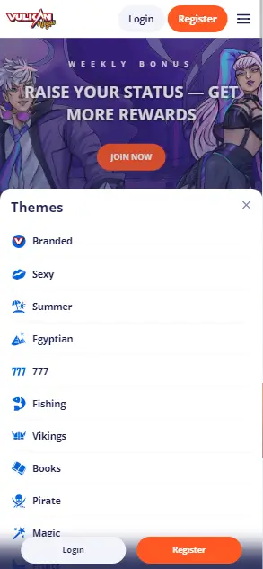 Vulkan Vegas Casino Main Menu