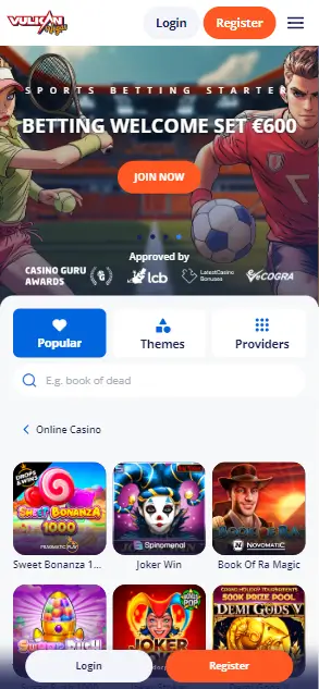 Vulkan Vegas Casino Main Menu